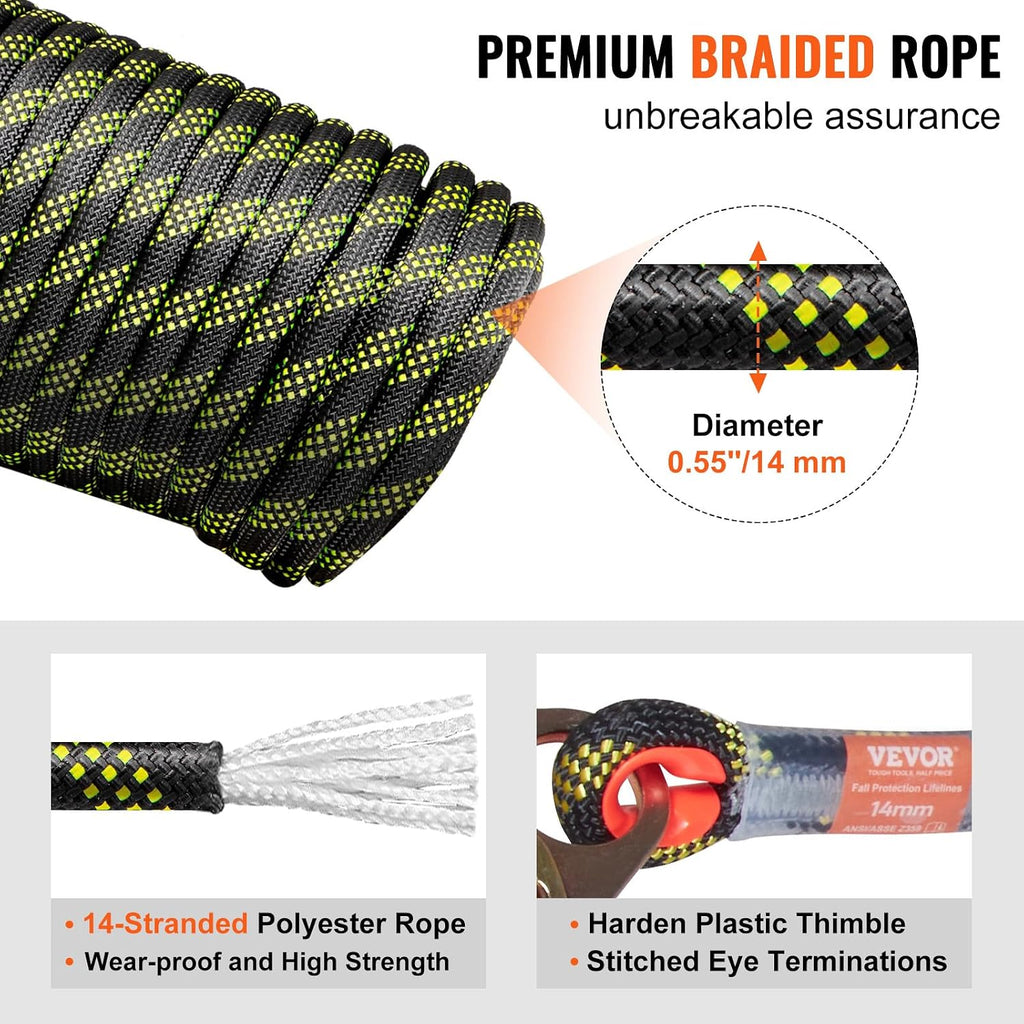 Vertical Lifeline Assembly, 0.55'' x 50' Fall Protection Rope with 30 KN Breaking Tension, Polyester Roofing Rope