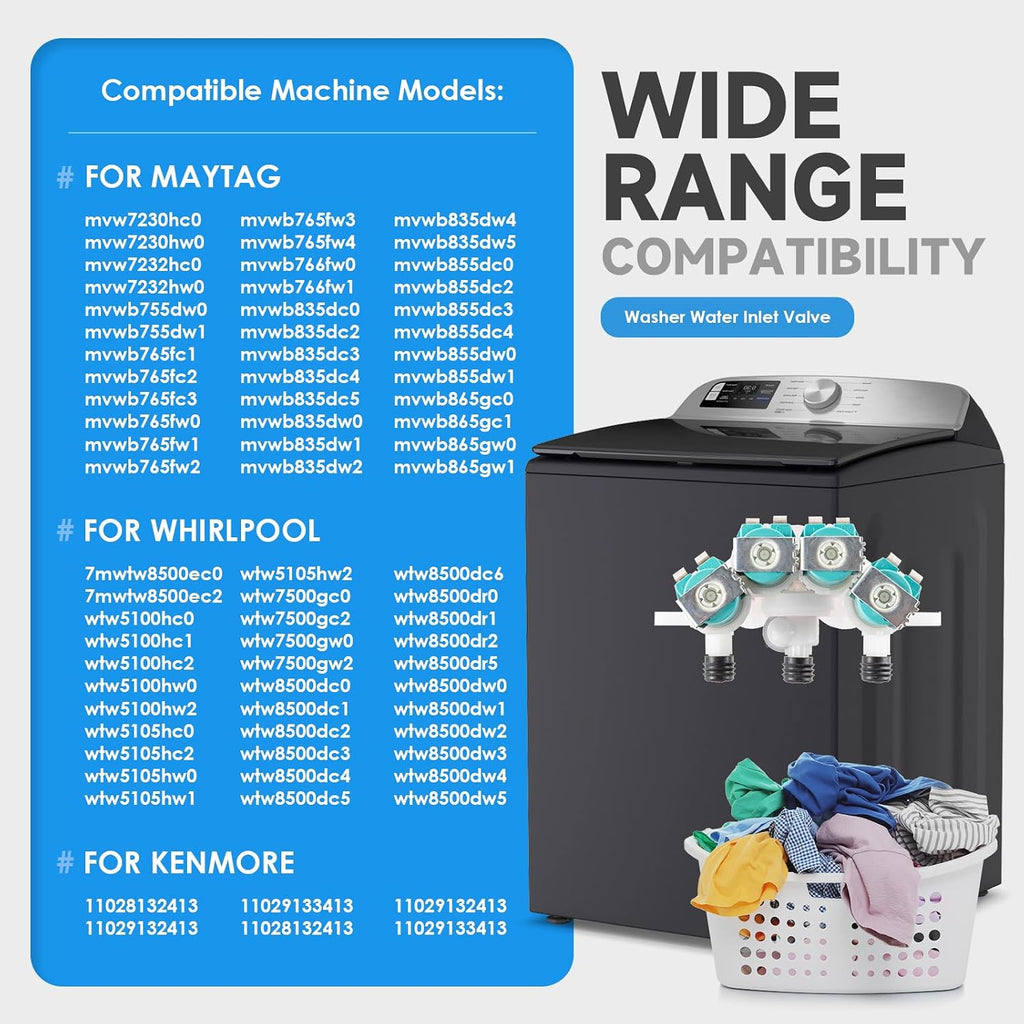 MVWB765FW0 MVWB835DW1 MVWB855DC2 MVWB765FW1 MVWB835DW3 MVWB766FW0 MVWB765FW2 MVWB855DC3 MVWB766FW1 MVWB865GC0 WTW7500GW0 WTW5100HC0 WTW8500DC0 MVW7232HW0 Washer Water Inlet Valve For Maytag