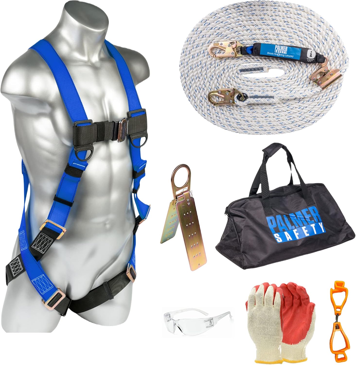 Fall Protection Roofing Bucket Kit I Full-Body Harness, 50' Vertical Rope & Anchor Set I Safety Harness Kit