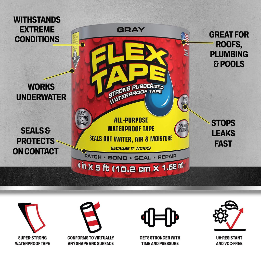 Flex Tape Strong Rubberized Waterproof Tape, Gray, 4 in x 5 ft, 1-Pack