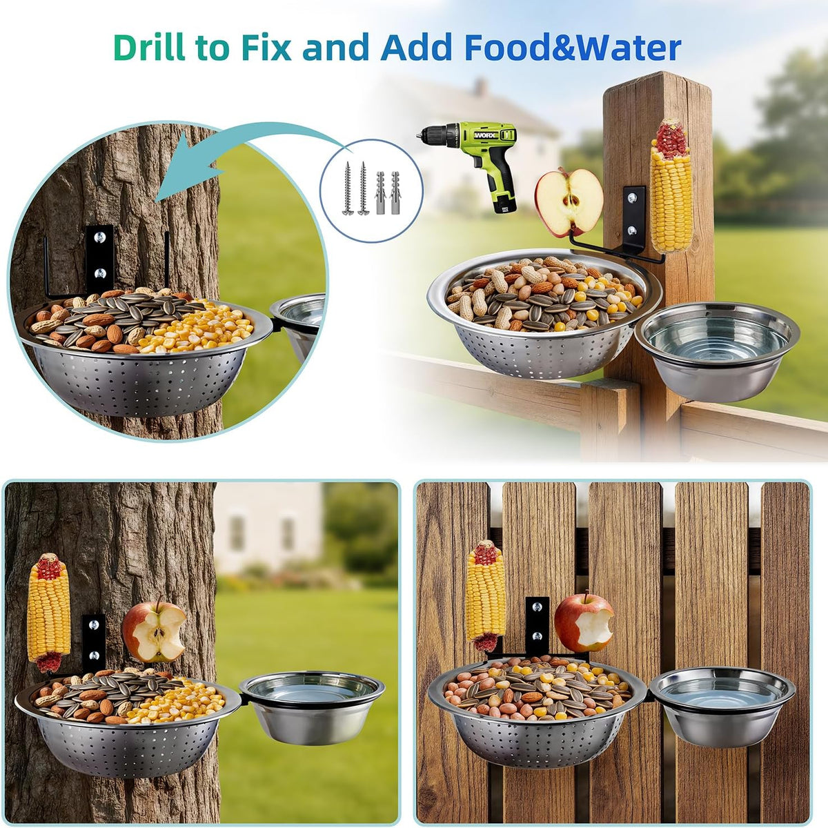 2 Bowls Squirrel Food&Water Feeder, Metal Chew-proof Squirrel Feeders for Outside, Picnic Table with 2 Corn Cob