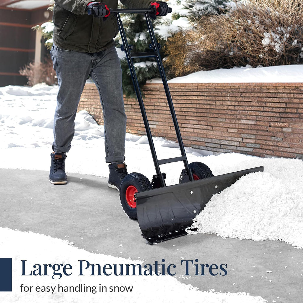36in Galvanized Blade Heavy-Duty 2-Wheel Snow Pusher Hand Plow for Snow Removal w/Wheels, Adjustable Handle, Blade