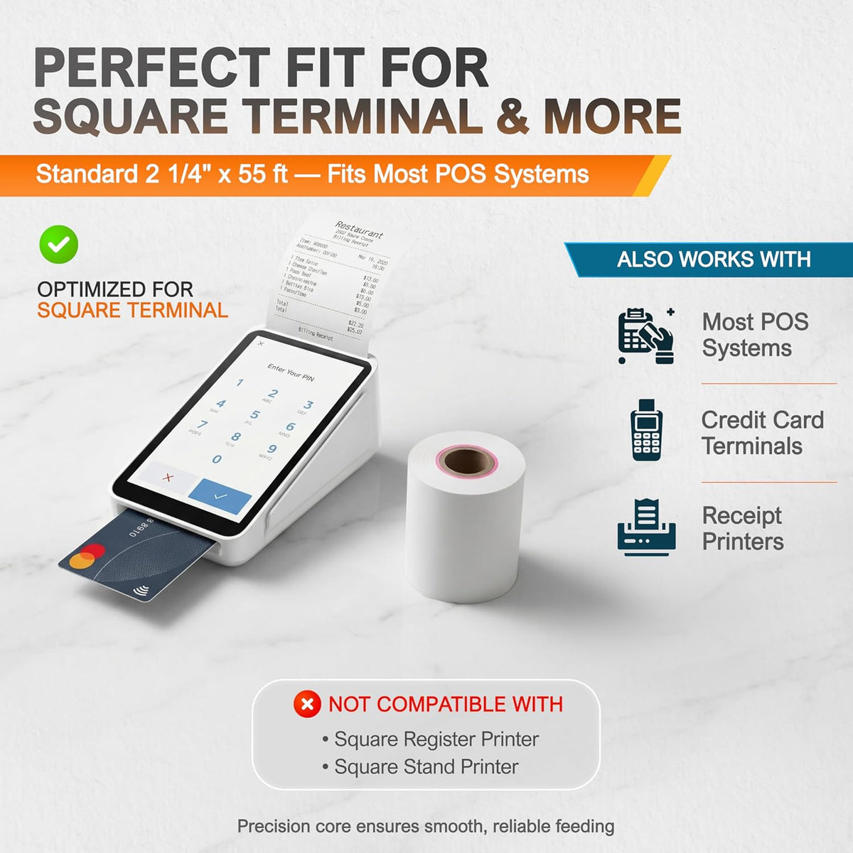 Square Terminal Paper Rolls 2 1/4" x 55' – Vonlyst BPA Free Thermal Receipt Paper for Square Credit Card Machine POS