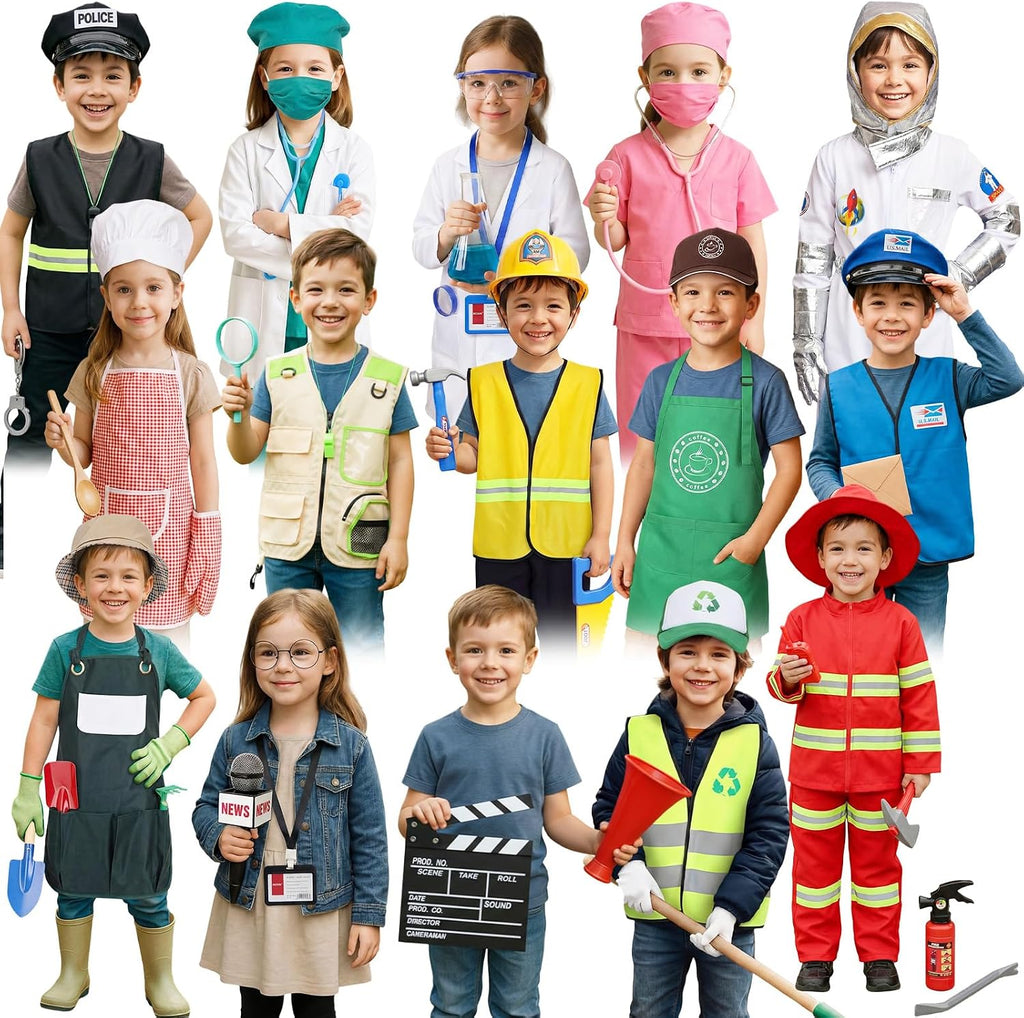 15 Sets Toddler Dress up Clothes Kids Role-Play Costumes Police Firefighter Doctor Nurse Astronaut Barista Director
