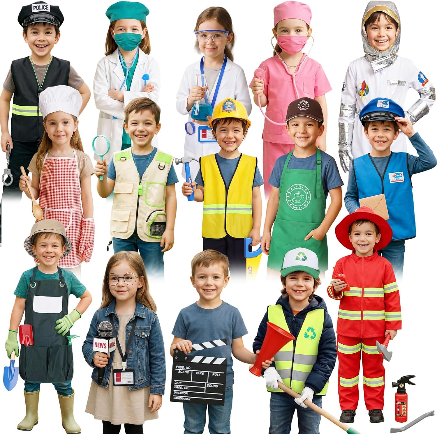 15 Sets Toddler Dress up Clothes Kids Role-Play Costumes Police Firefighter Doctor Nurse Astronaut Barista Director