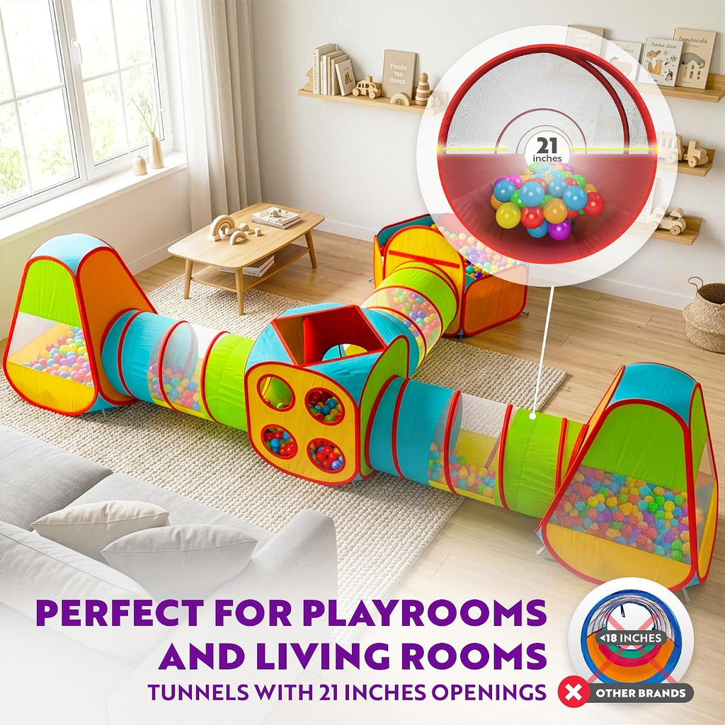 7pc Kids Play Tent with 1 Big Ball Pit for Babies, 3 Play Tunnel for Toddlers, and 3 Pop Up Tents Playhouse Bundle