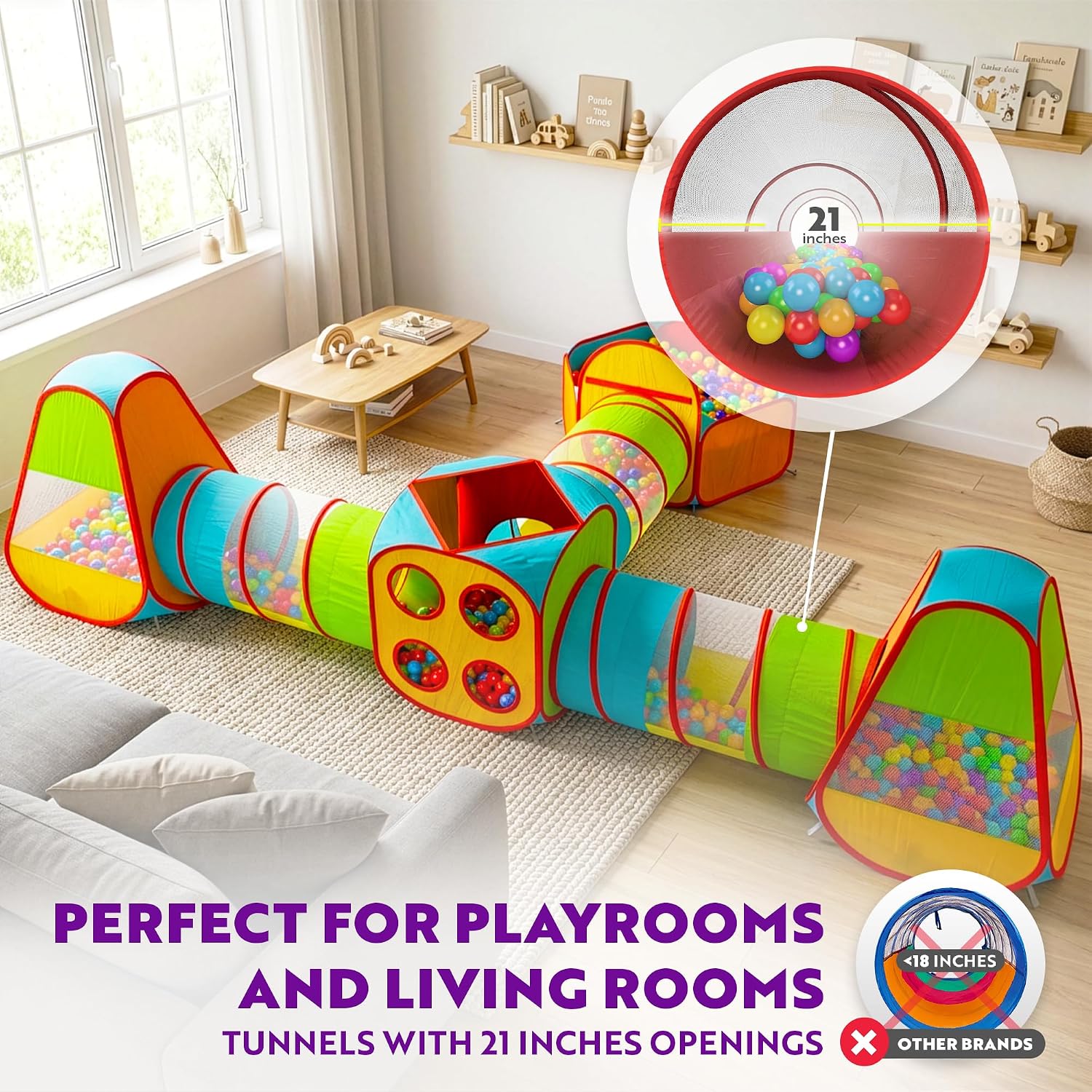 7pc Kids Play Tent with 1 Big Ball Pit for Babies, 3 Play Tunnel for Toddlers, and 3 Pop Up Tents Playhouse Bundle