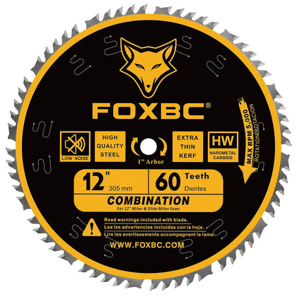 12 Inch Combination Miter Saw Blade, 60-Tooth, Wood Cutting with 1 Inch Arbor