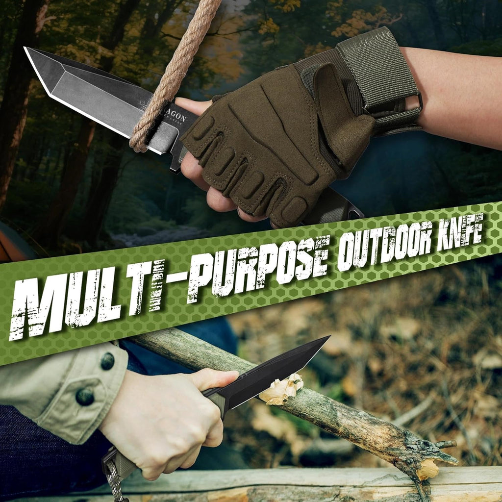 Fixed Blade Knife - Full Tang Handle Green | Portable Sheath with Belt buckle