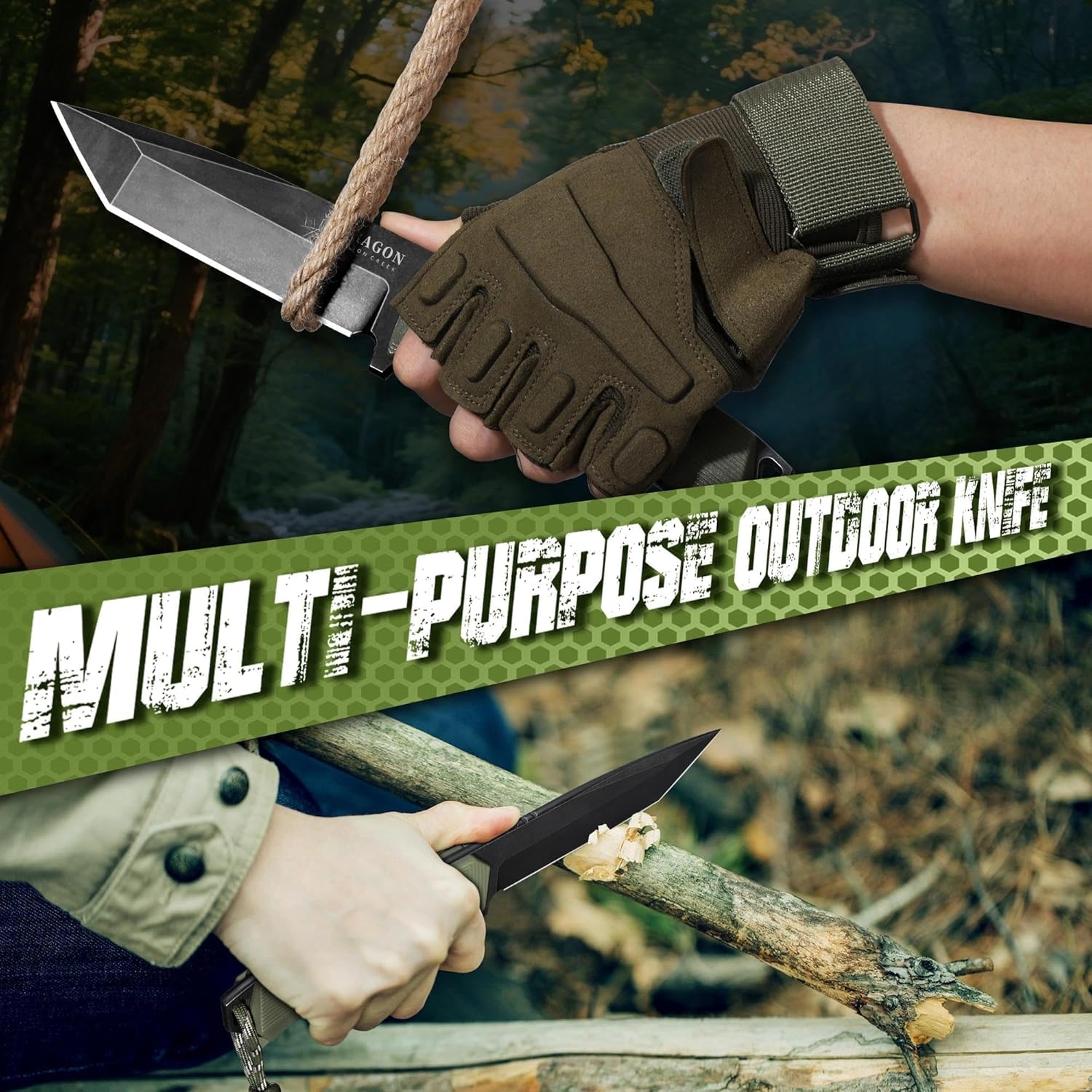 Fixed Blade Knife - Full Tang Handle Green | Portable Sheath with Belt buckle