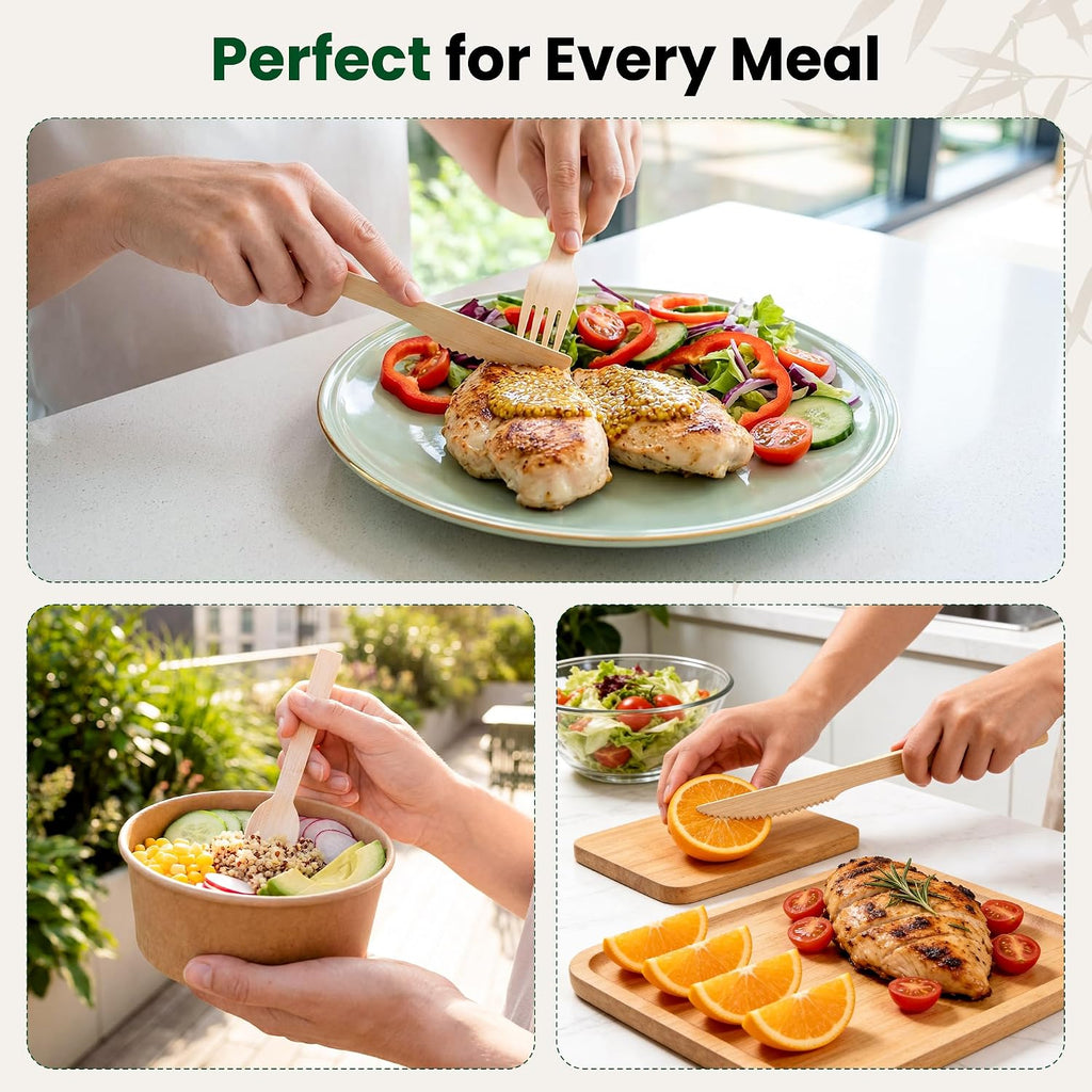 Bamboo Cutlery Disposable Set, [150 Pack] Heavy-Duty Bamboo Utensils