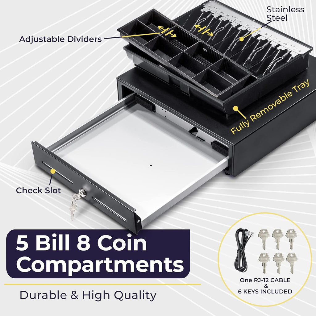 Cash Register Drawer for Point of Sale (POS) System with Fully Removable 2 Tier Cash Tray, 5 Bill/8 Coin, 12-24V