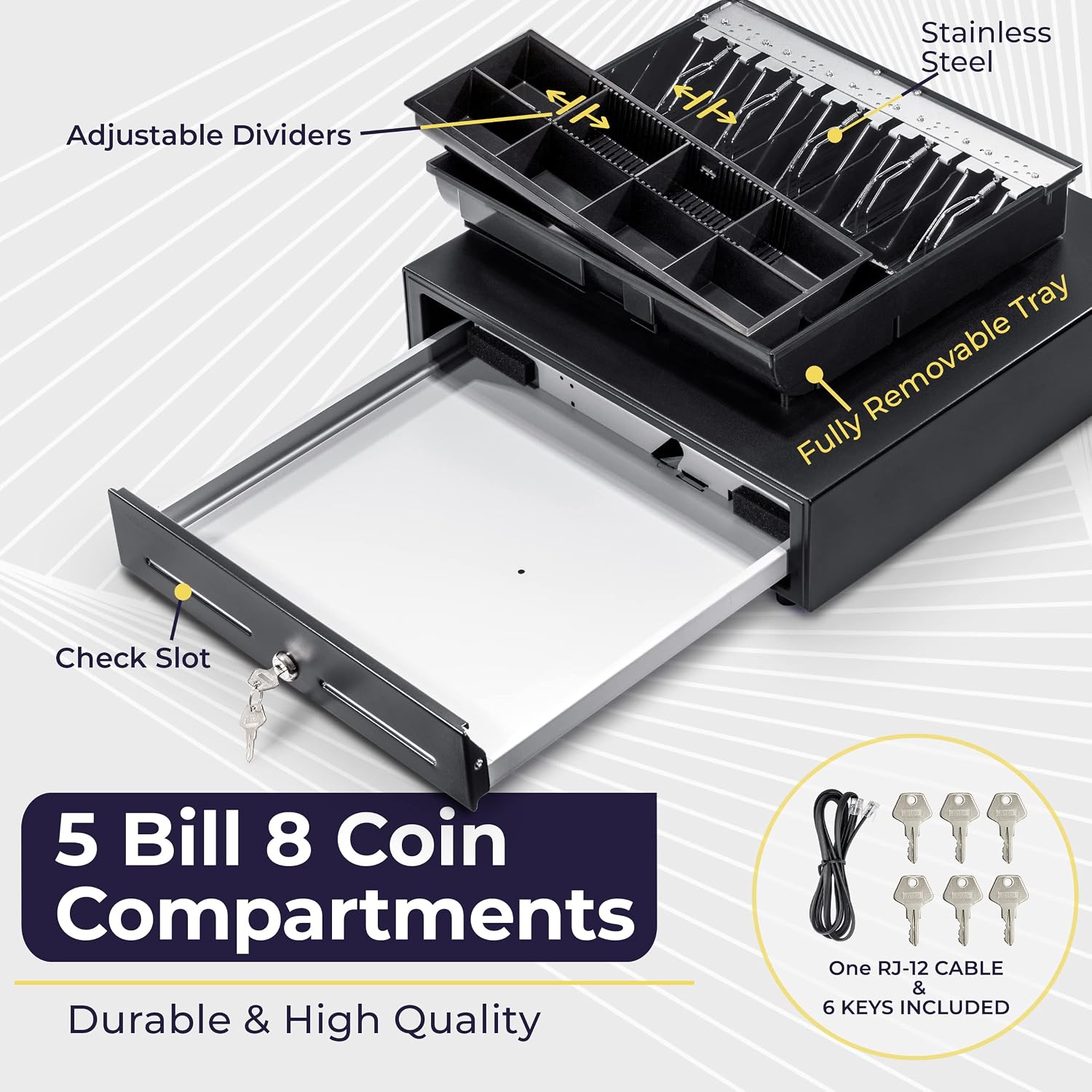 Cash Register Drawer for Point of Sale (POS) System with Fully Removable 2 Tier Cash Tray, 5 Bill/8 Coin, 12-24V