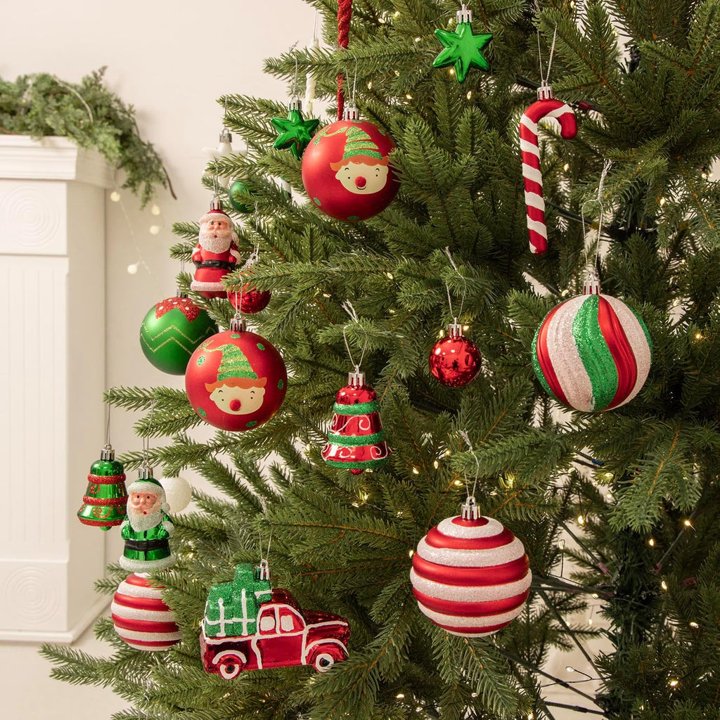 Christmas Ball Ornaments Set, 64 ct Joyful Red Green White Collection Splendor Xmas Assorted Shatterproof Ornaments