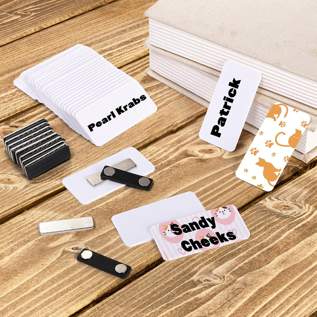 30 Pack Blank Name Tags, 1.5 x 3 Inch Name Badges with Magnetic Back | Reusable DIY Plastic Name Label Holders Round