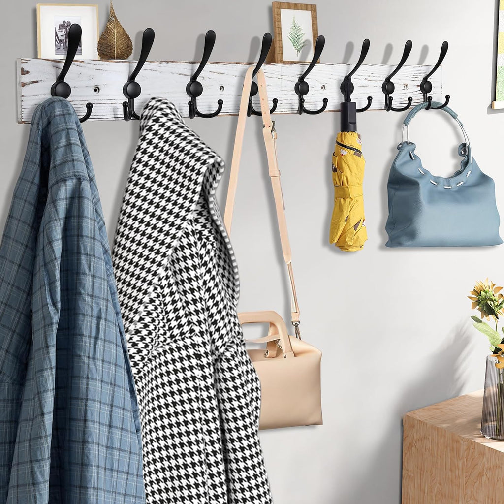 32.2'' Large Coat Rack Wall Mount Coat Hooks with 8 Metal Black Triple-Hooks Old White Pine Real Wood Plank Hat Rack