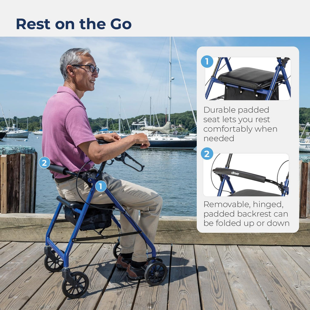 R728BL Foldable Rollator Walker with Seat, Blue