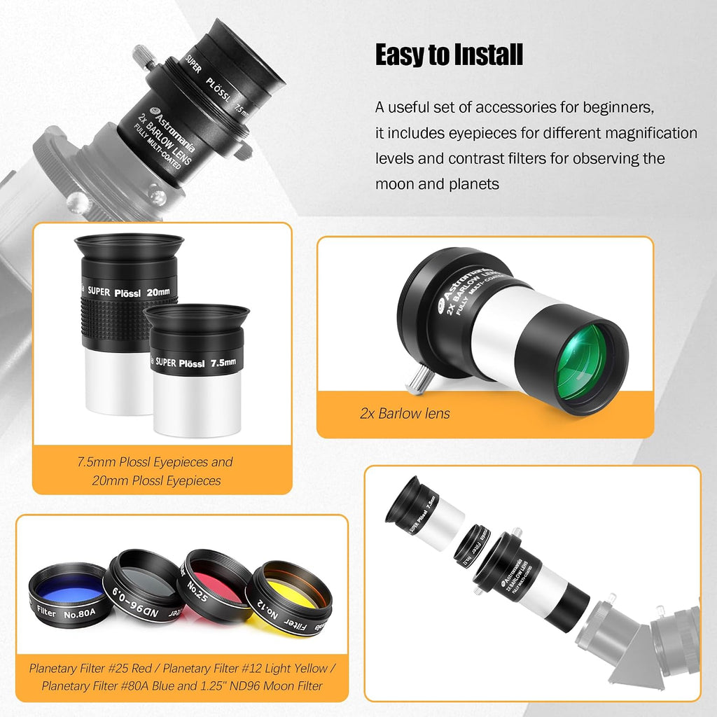 Telescope Eyepiece Set, 8 Piece Telescope Accessory Kit 1.25inch | Telescope Accessory Kit, Super Plossl Eyepiece