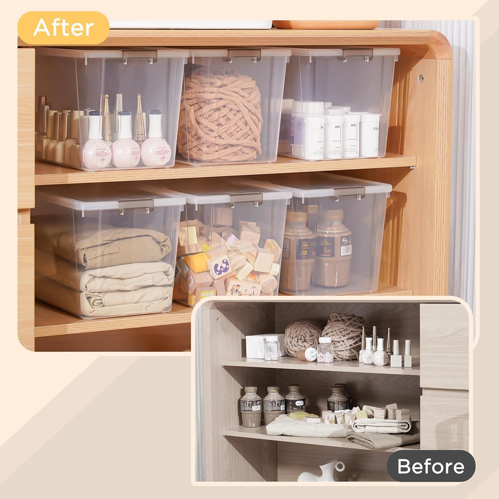 7.8 QT 6 Pack Small Storage Bins Plastic Storage Container Stackable Box with Lids for Organizing, Clear White