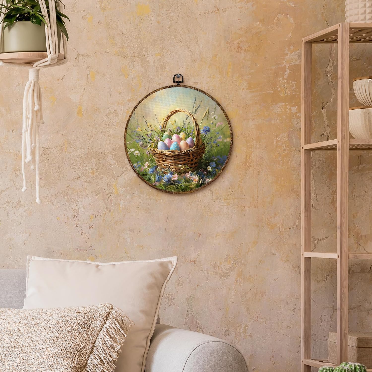 Vintage Easter Eggs Round Wall Art Decor, Spring Farmhouse Canvas Artwork Framed, Rustic Wildflower Easter Egg in