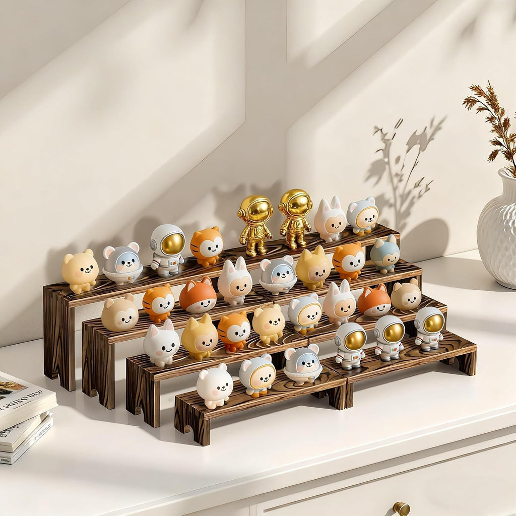 2 Set wood tone Wooden Tiered Display Stands 4 Tier Stackable Pine Wood Display Risers, Suitable for Vendor Events
