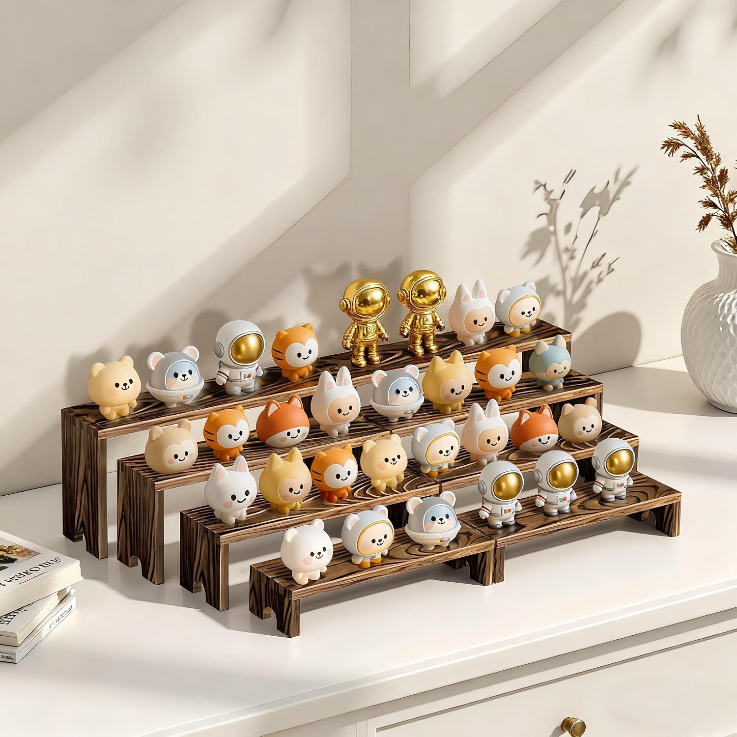 2 Set wood tone Wooden Tiered Display Stands 4 Tier Stackable Pine Wood Display Risers, Suitable for Vendor Events