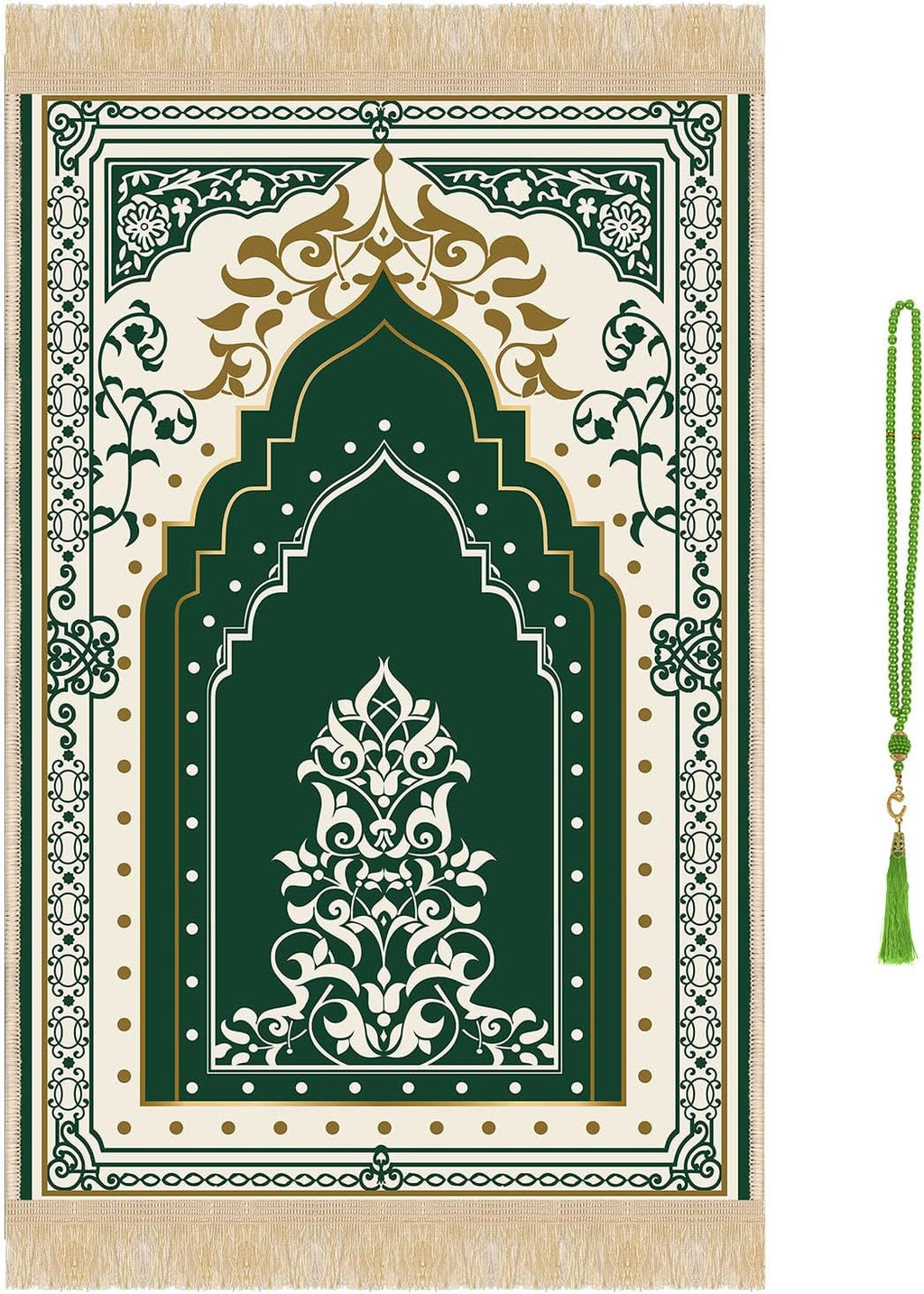 Prayer Mat Rug Ramadan Gifts - Thick Green Muslim Prayer Rug Islamic Tasbih Beads, Islamic Praying Mat Carpet for