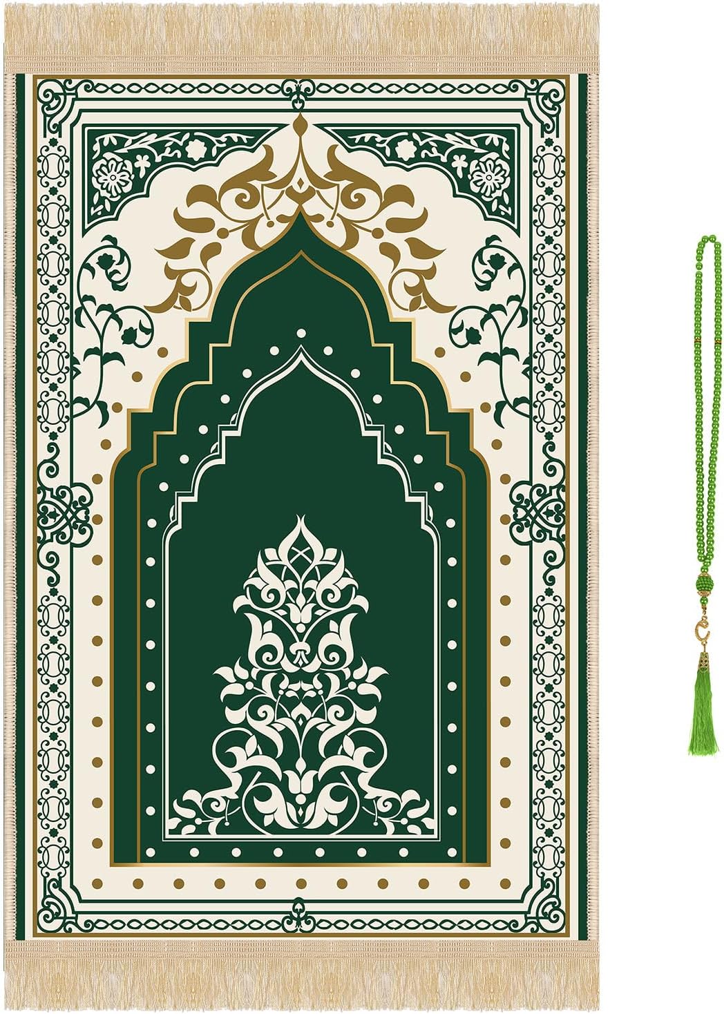 Prayer Mat Rug Ramadan Gifts - Thick Green Muslim Prayer Rug Islamic Tasbih Beads, Islamic Praying Mat Carpet for
