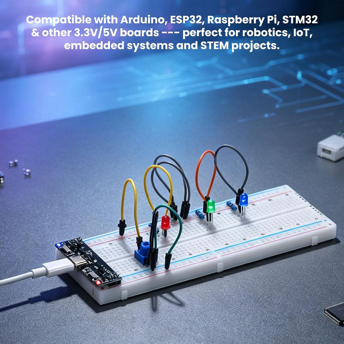 380 PCS Electronics Starter Kit with 830-Point Breadboard, USB Power Supply Module, Breadboard Kit Compatible with Arduino, ESP32, Raspberry Pi & STM32