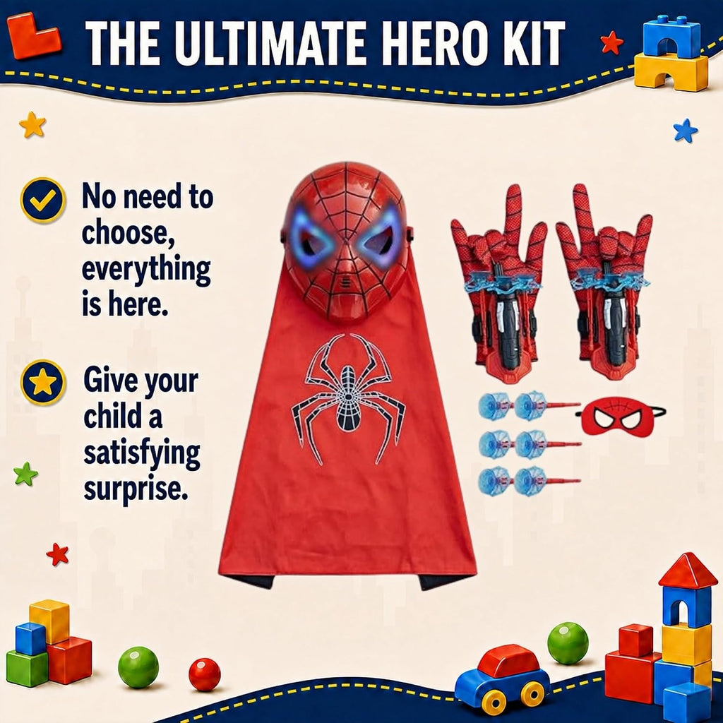 Superhero Costume for Kids, LED Mask, Cape and Web Shooter Set