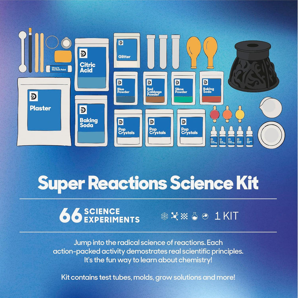 Super Reactions Science Kit – 66 Experiments STEM Lab for Kids| Includes Chemistry Tools, Volcano Mold, Slime