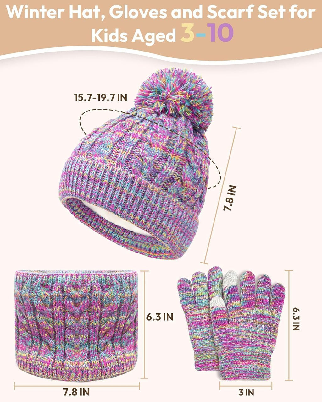 Kids Winter Hat Gloves Scarf Set, Toddler Children Girls Boys Beanie Hat Knitted Mittens & Neck Gaiter Warmer for