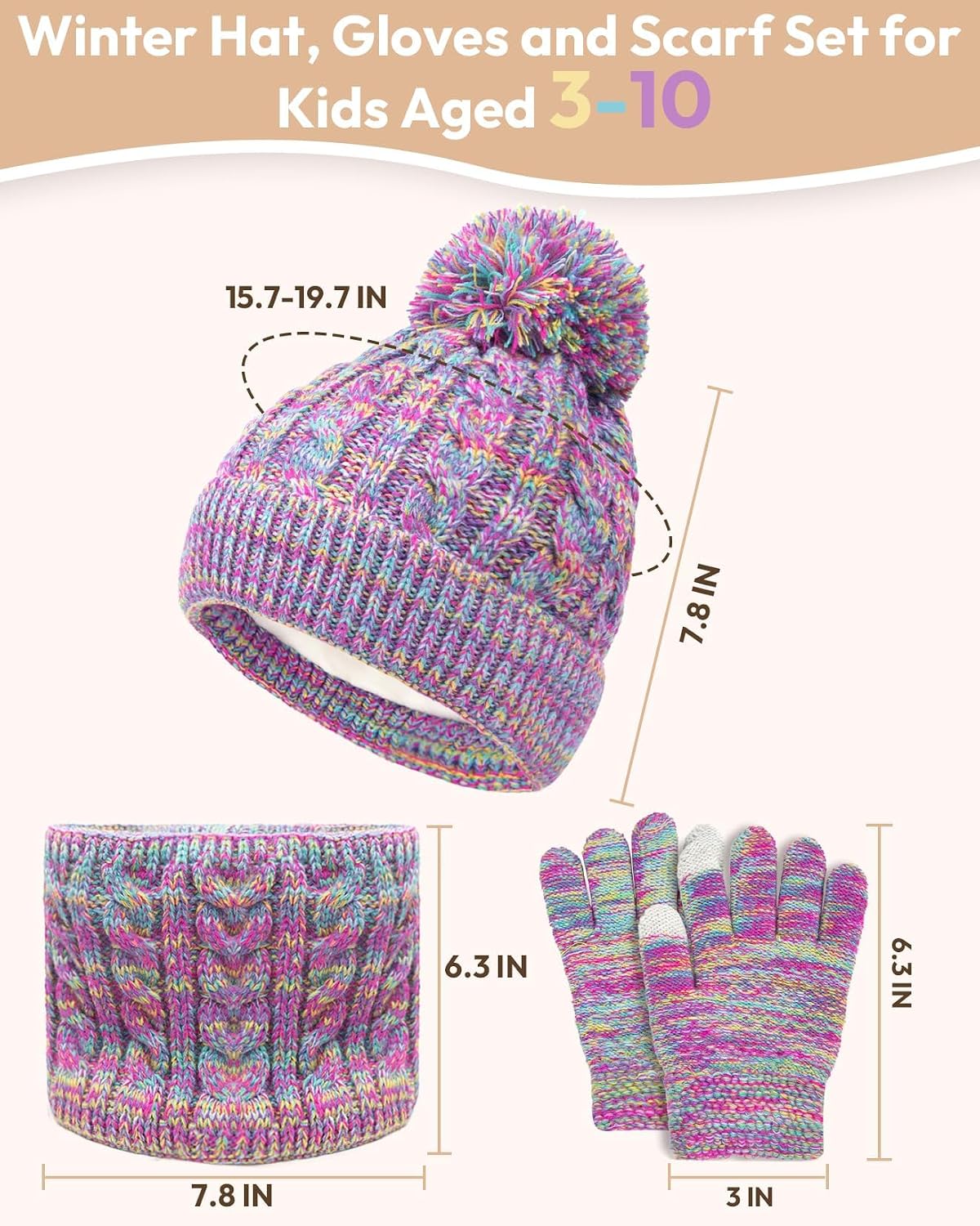 Kids Winter Hat Gloves Scarf Set, Toddler Children Girls Boys Beanie Hat Knitted Mittens & Neck Gaiter Warmer for