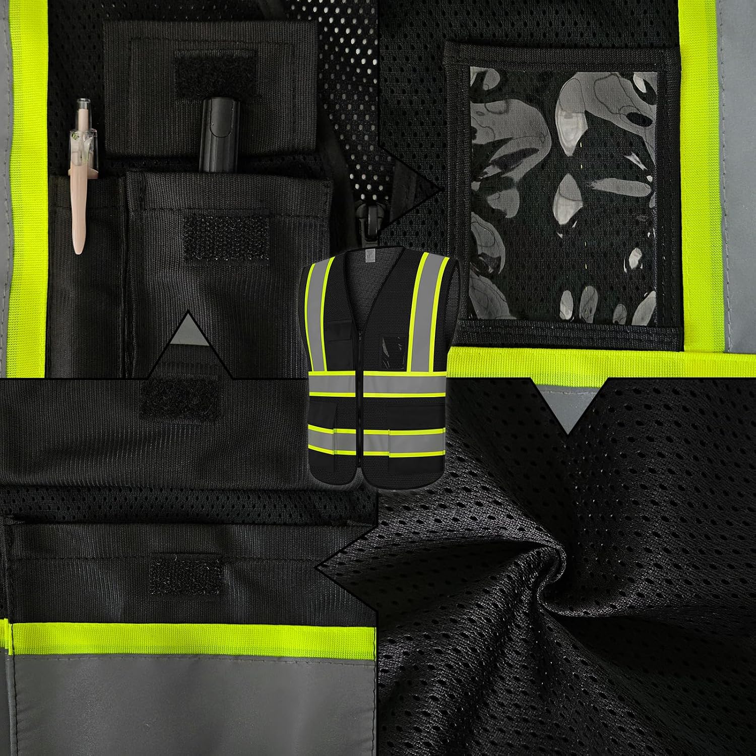 Safety Vest for Men, Hi Vis Reflective Vest with Zipper, Black, L | High Vis Vest with Pockets, Construction Mesh