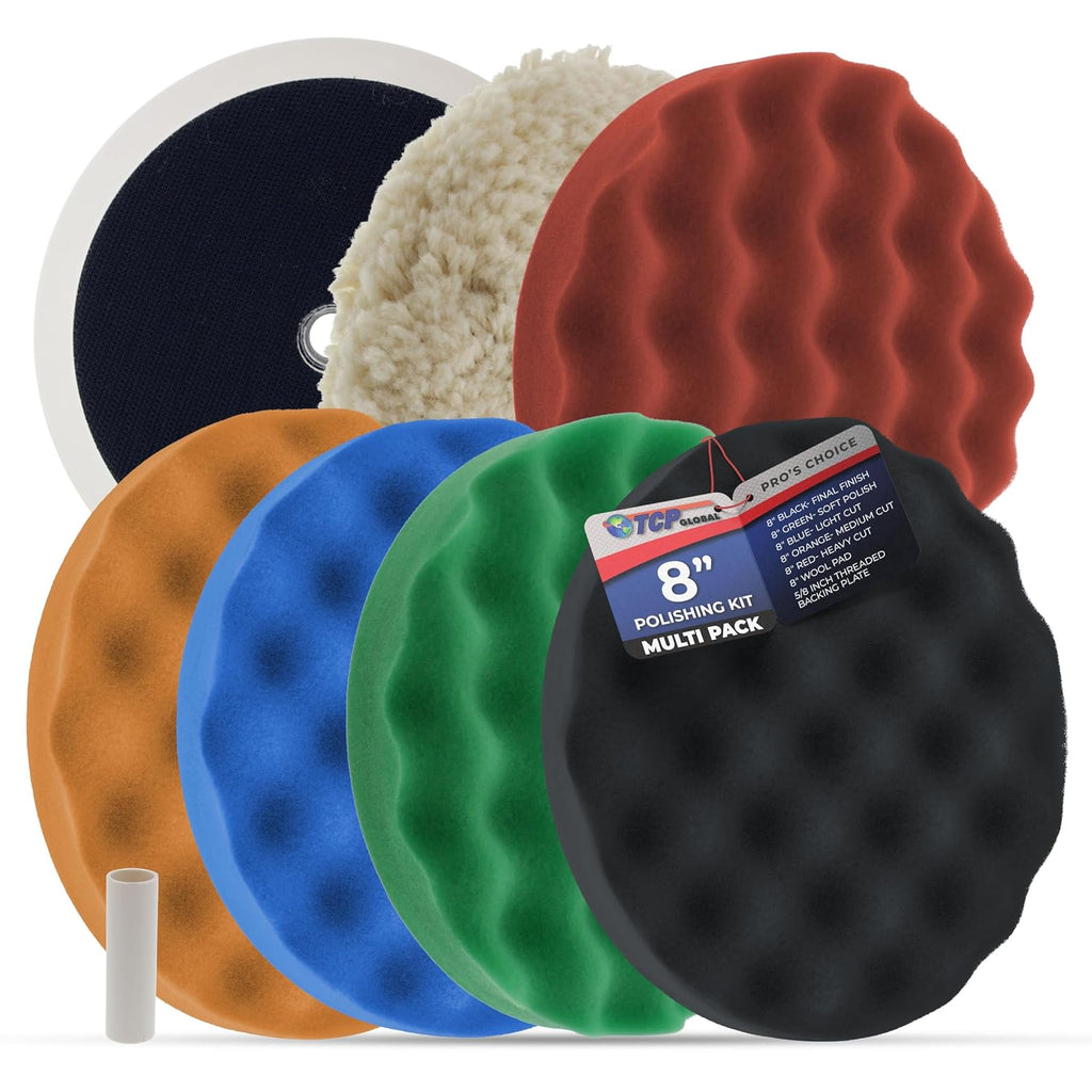 Professional 6 Pad Buffing & Polishing Kit, 5 Waffle Foam & | 1 Wool Grip Pad for Car Detailing - Complete 8 inch