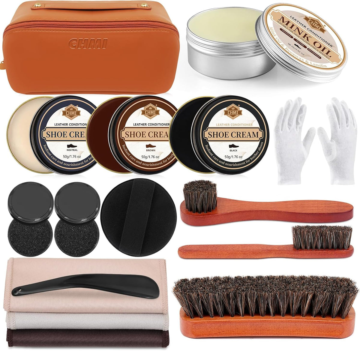 16PCS Leather Shoe Polish Kit,Shoe Shine Kit with Black/Brown Shoe Polish,Shoe Bruhses for Leather Boot Care and