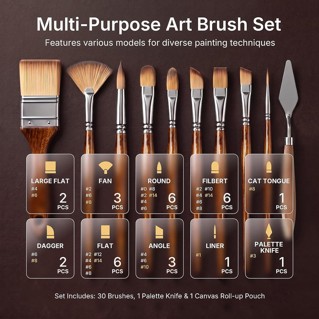 30pcs Paint Brush Set, Professional Acrylic Paint Brushes with Paint Spatula and Cloth Roll, Paintbrushes for Acrylic