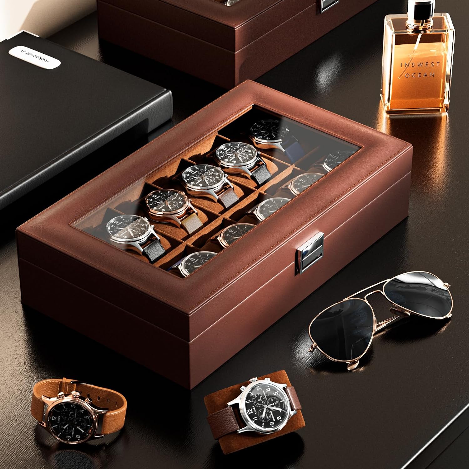 Watch Box Organizer, 12 Slot Watch Display Case, Brown | Watches Storage Boxes Holder for Men Women, Large Glass Lid