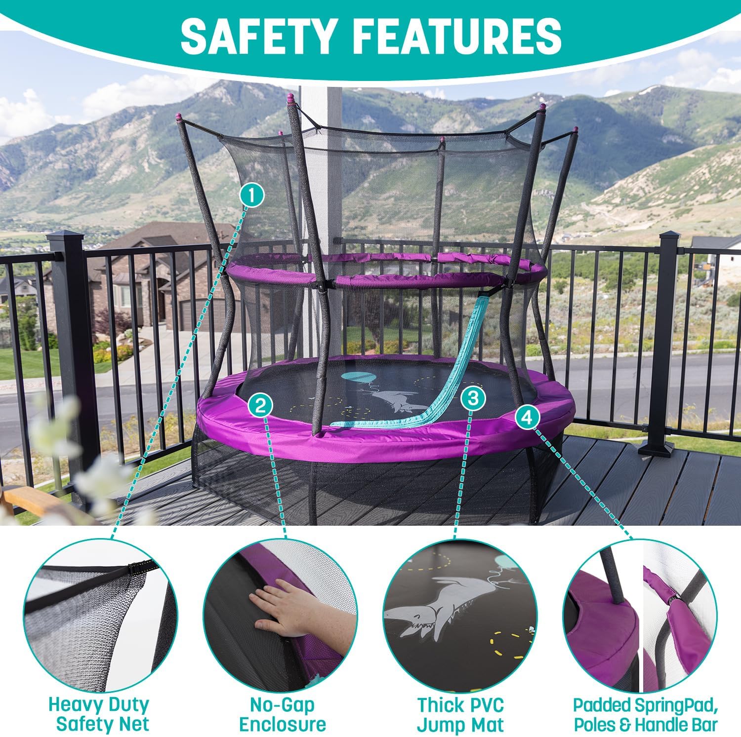60" No-Spring Design Mini Trampoline for Kids and Toddlers with Enclosure Net