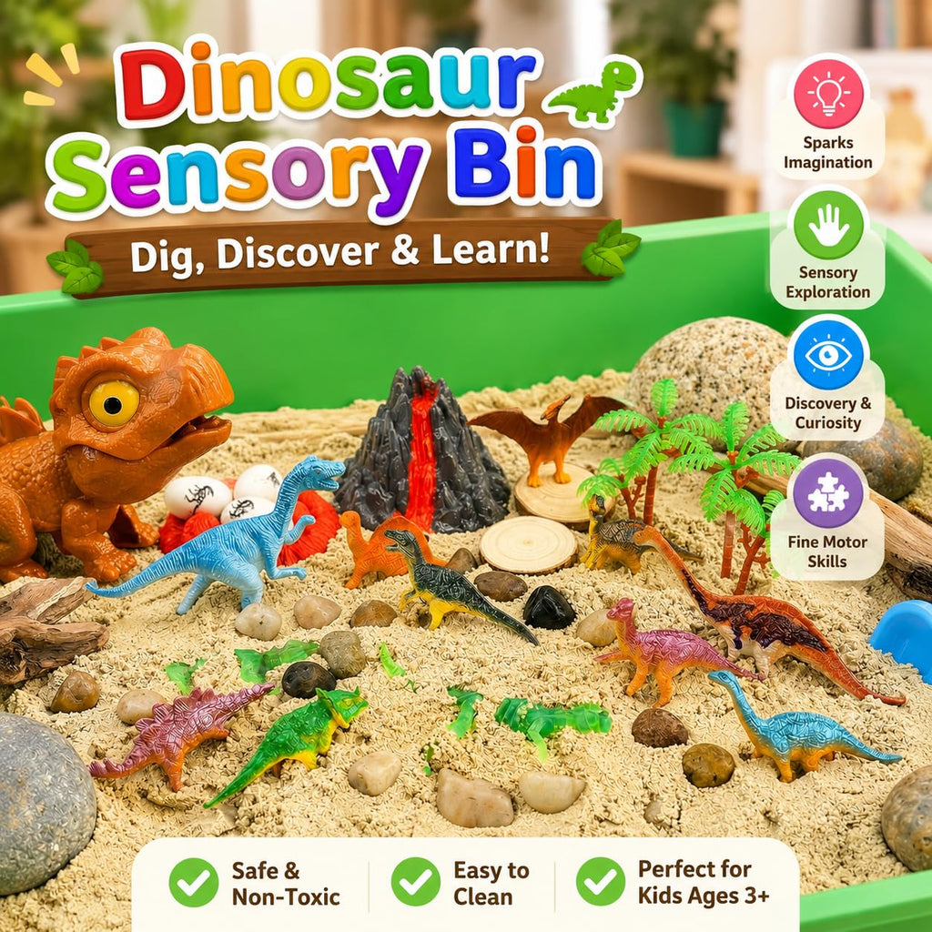 Dinosaur Sensory Bin, Sand Kit with Glow Dinosaurs & Sand