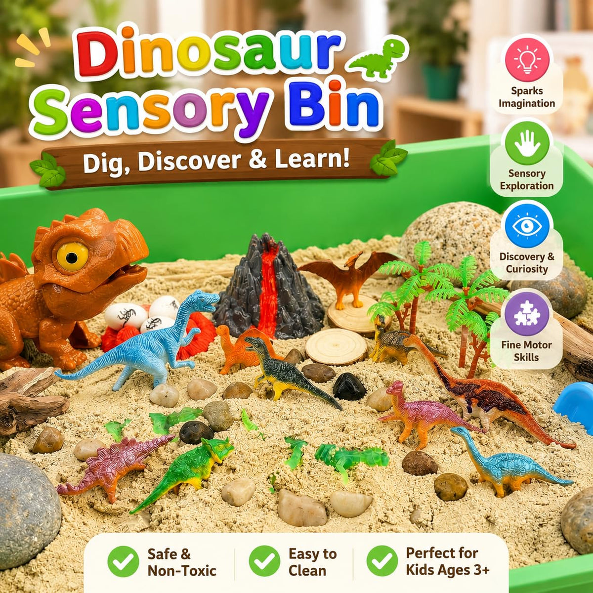 Dinosaur Sensory Bin, Sand Kit with Glow Dinosaurs & Sand