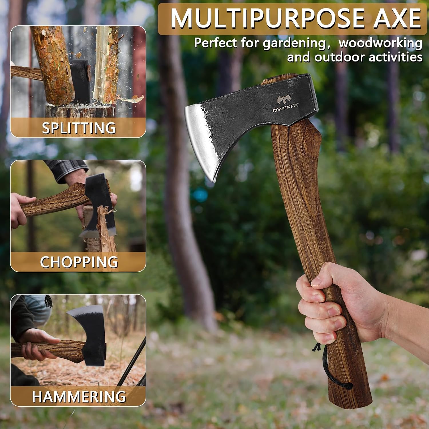 15.7" Hatchet, Camping Hatchet, Hand-Forged Axe with Sheath for Wood Chopping, Splitting, and Carving, Bushcraft Axe