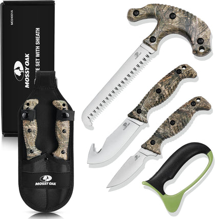 Field Dressing Kit, 4PC Camouflage Hunting Knife Set with Sheath | Gut-Hook Skinner, Caping Knife, Wood/Bone Saw