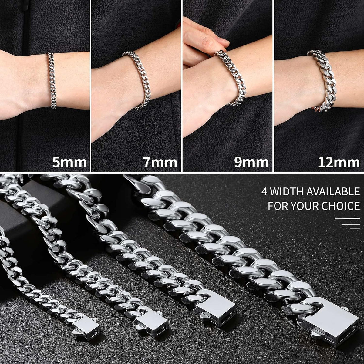 Stainless Steel Cuban Link Bracelet for Men, 5mm/7mm/9mm/12mm Width, 7.5"/8.3"/9" Length, Black/18K Gold Plated Chain