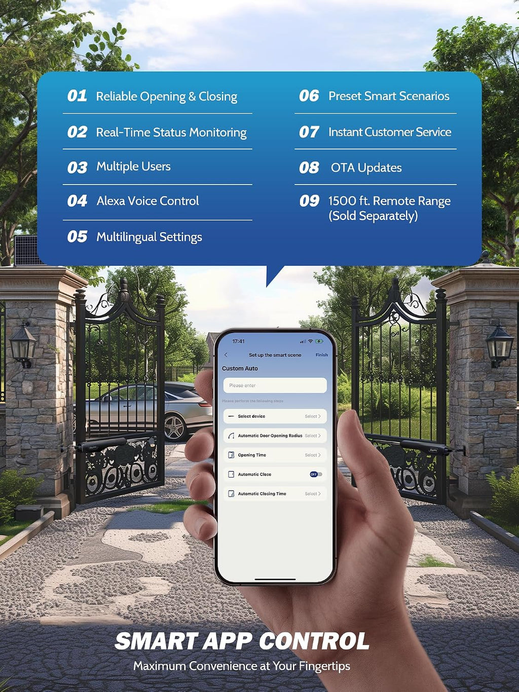 Automatic Gate Opener, Dual Swing Smart App-Controlled Electric Opener for Gates up to 2×900 lb and 20 ft, Driveway