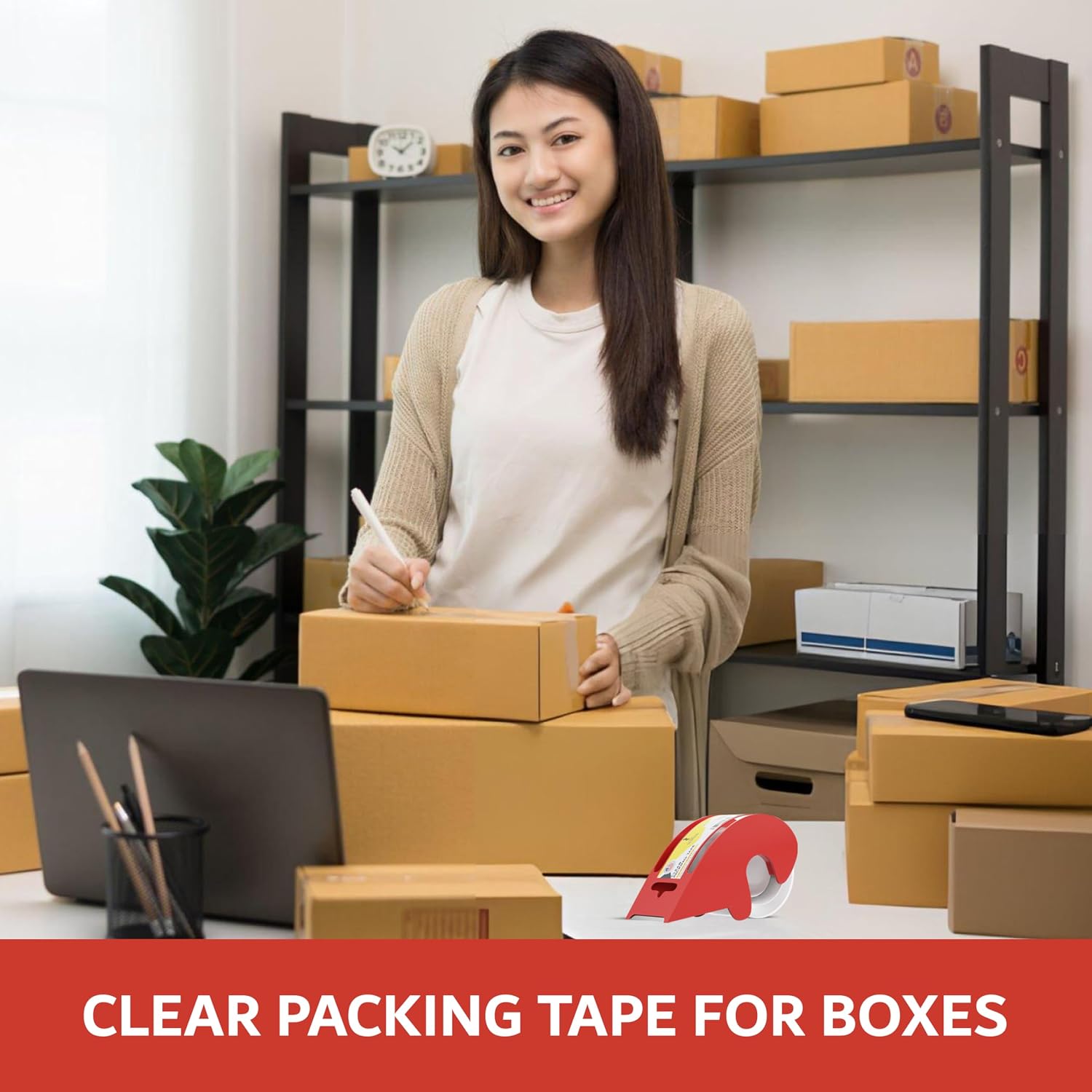 Packing Tape with Dispenser Heavy Duty Shipping Refill Clear Packaging Gun Strong Mailing Moving Supplies Box Sticky
