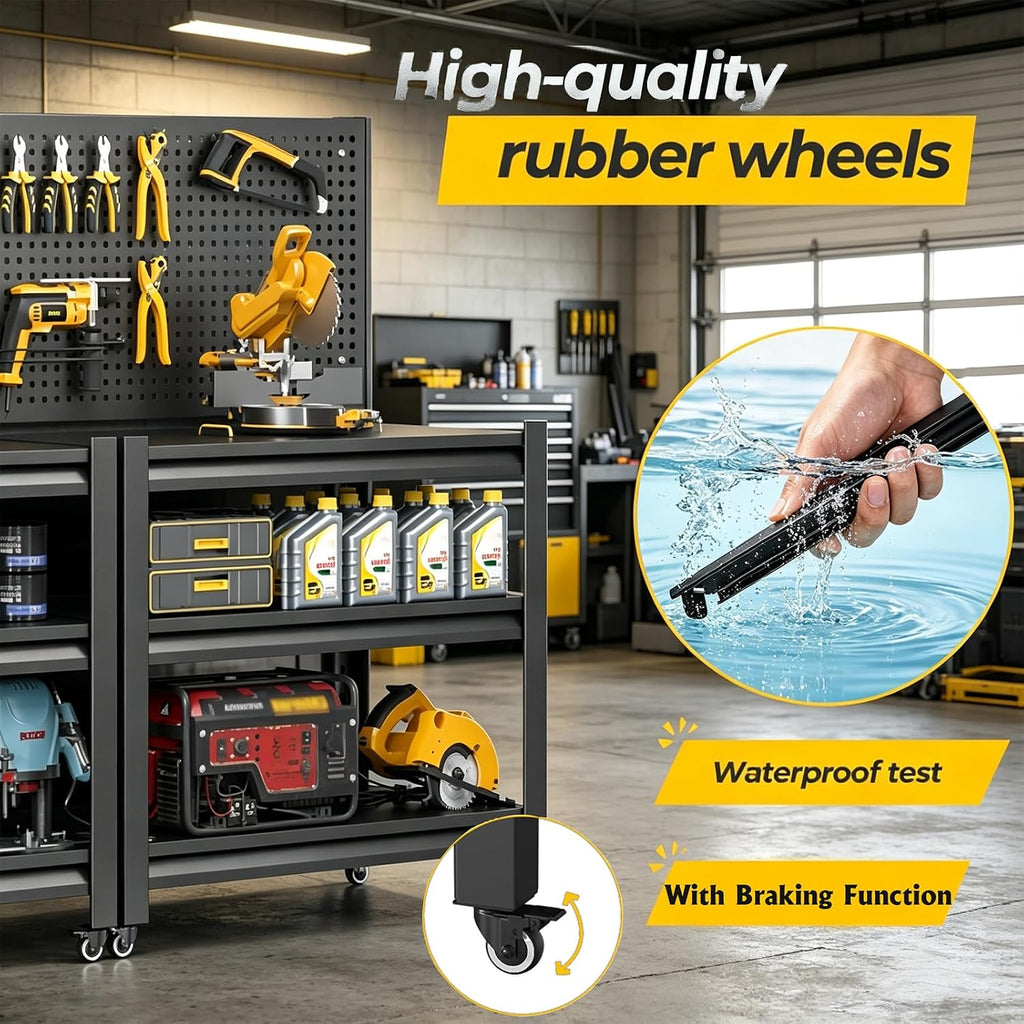 Garage Workbench with Pegboard, Tool Storage Rolling Work Table on Wheels | Portable workbench with lockable wheel