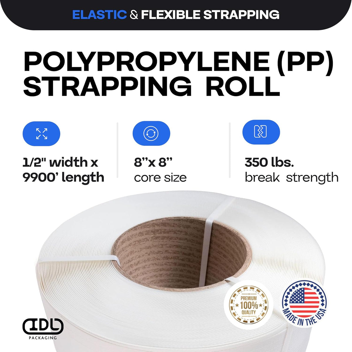 1/2" x 9900' Polypropylene (PP) Strapping Roll, USA-Made