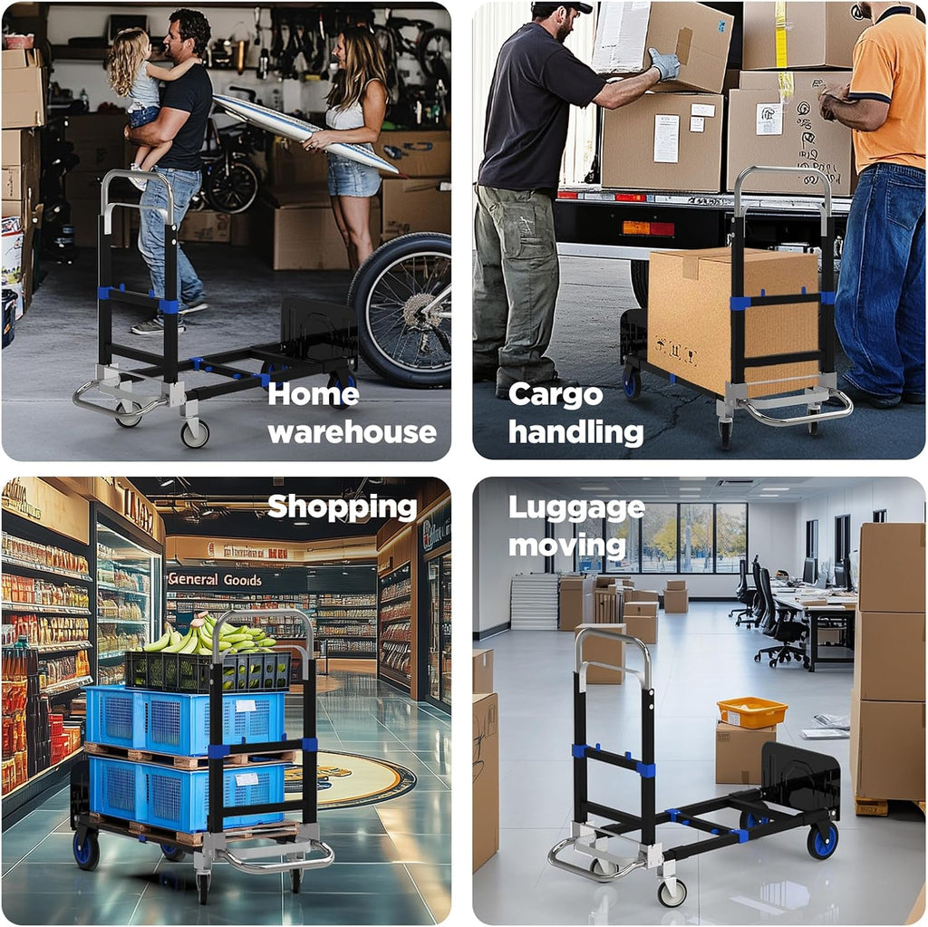 Black Convertible Hand Truck Dolly Cart with 4 Wheels Heavy Duty,500 Lbs Capacity, 2 Straps for Moving