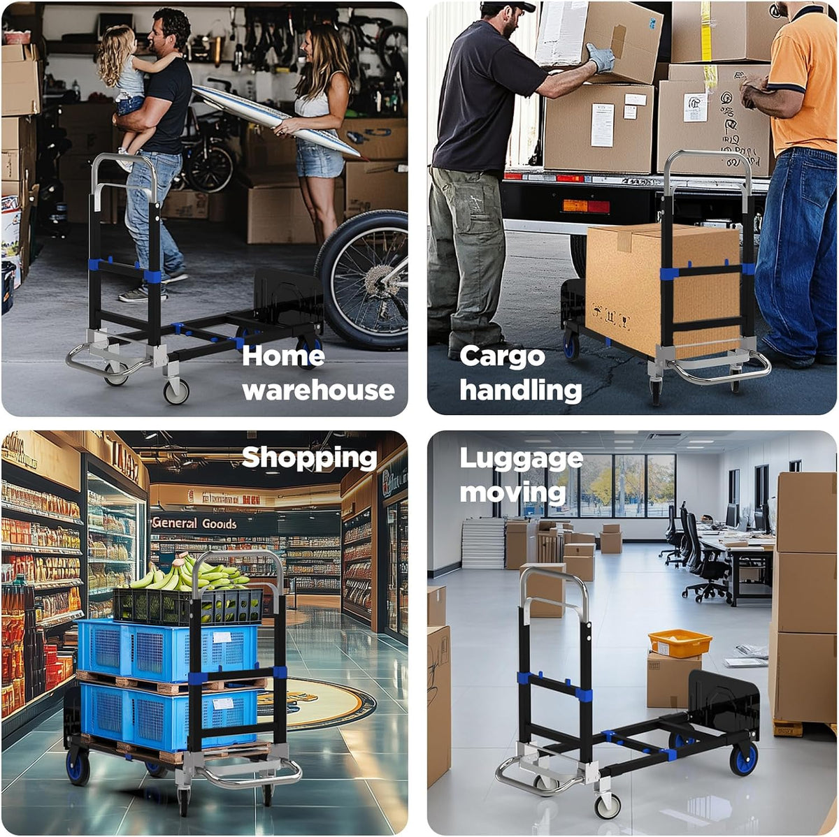 Black Convertible Hand Truck Dolly Cart with 4 Wheels Heavy Duty,500 Lbs Capacity, 2 Straps for Moving